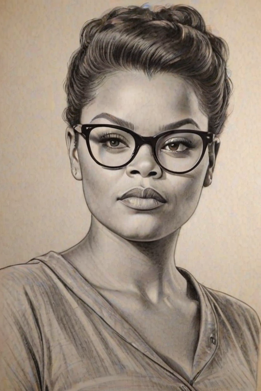 Superb Yvette Nicole Brown, pencil sketch, portrait of Attractive woman 1953s in glasses, hair style beatnik, outline, clear lines, fine lines, 8k