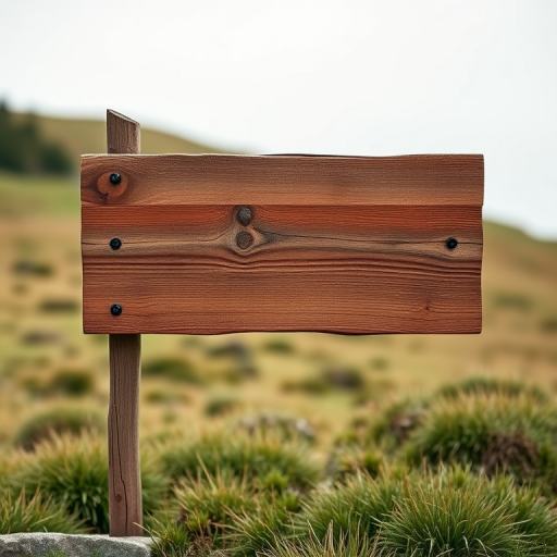 Create a highly detailed wooden signpost with three empty planks, standing on a grassy hill, captured in 4K resolution, with a 50mm lens, f/2.8 aperture, and a shallow depth of field to enhance focus on the sign.