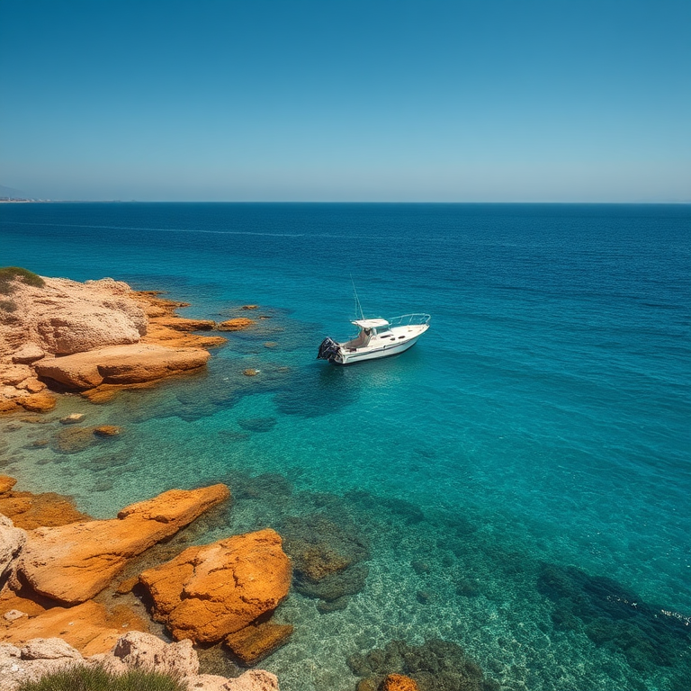 seaside view with a boat on clear blue water, golden rocky shore, sunny day, clear sky, focal length 35mm, aperture f/8, shutter speed 1/200s, DSLR camera, landscape orientation, high dynamic range imaging