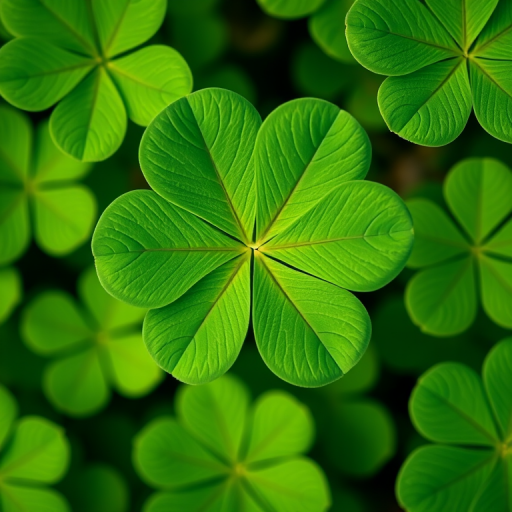 create a high-resolution image of a four-leaf clover with vibrant green colors, f/2.8 aperture, ISO 100, 50mm lens, natural lighting, macro photography style, top-down view