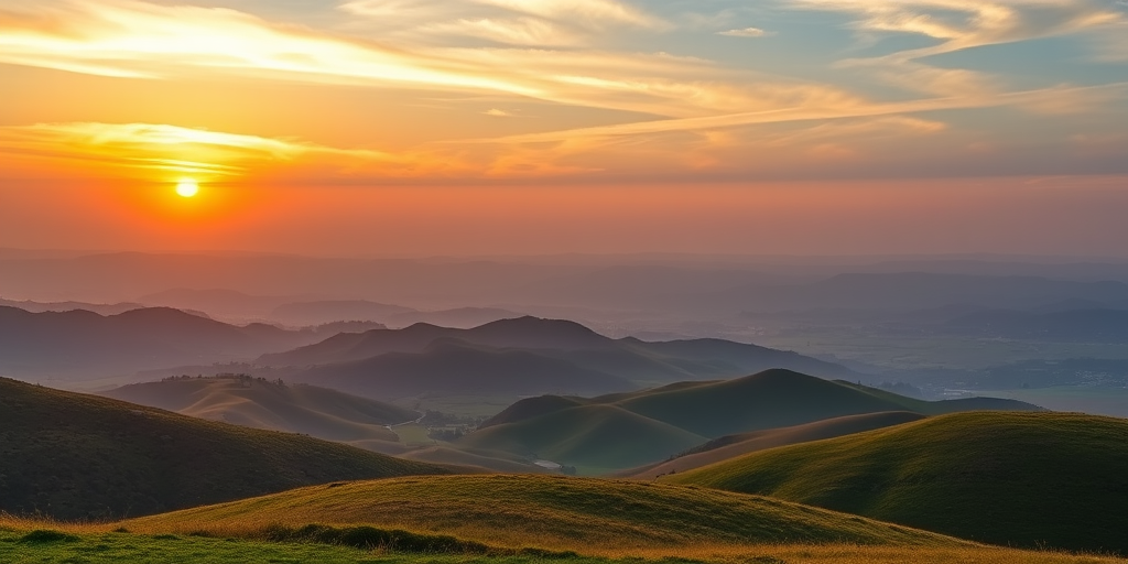 Generate a high-resolution image of a serene landscape featuring rolling hills and a sunset using a Canon EOS R5 with a 24-70mm f/2.8 lens, aperture set to f/8, ISO 100, and a focal length of 35mm, captured from a slightly elevated perspective to enhance depth and detail.