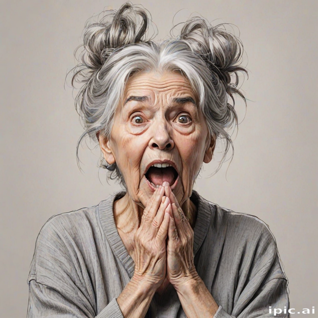 scribbly unfinished sketch, old lady with messy gray hair in a loose bun, surprised expression, mouth open, hands clasped together in front of her chest. Her eyes are wide, eyebrows are furrowed. vibe of shock or surprise.