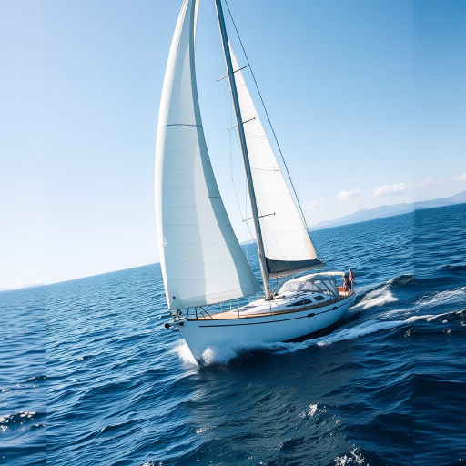 Sharp, detailed photo of a sailboat cutting through calm ocean waters, soft breeze filling the sails, distant islands barely visible on the horizon, the smell of saltwater in the air, and the sense of adventure.