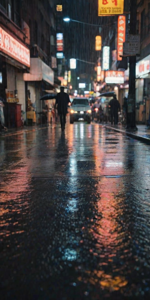 Blurry, rain-soaked photo of a city street, puddles reflecting neon signs, pedestrians with umbrellas rushing by, a street vendor huddled under an awning, distant headlights cutting through the rain, the smell of wet pavement and the soft patter of raindrops on windows.