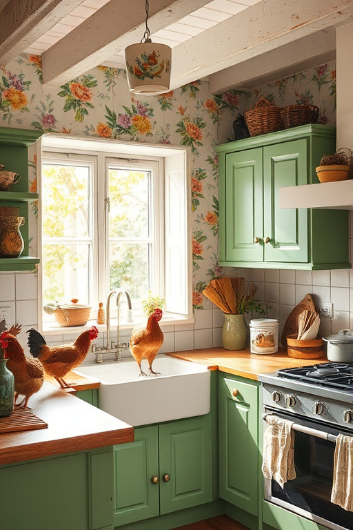 A cozy rustic kitchen with green cabinets and floral wallpaper featuring chickens and a sunny window view, soft natural lighting, DSLR camera, f/4 aperture, ISO 200, 35mm lens, shot at eye level for a warm and inviting atmosphere.