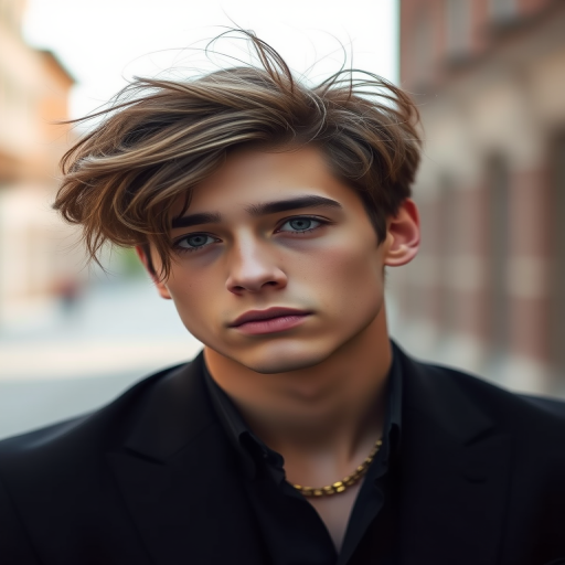 A portrait of a young man in a black suit with tousled hair, shot with a 50mm lens at f/1.8, ISO 100, shutter speed 1/200 sec, in soft natural light with a shallow depth of field, capturing a contemplative expression and a blurred background.