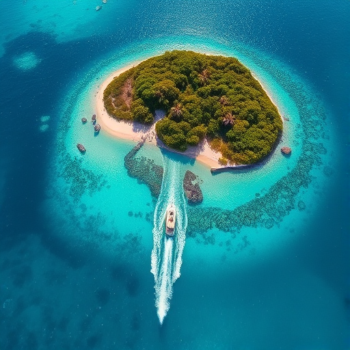 regenerate an aerial view of a tropical island with lush green foliage and a sandy beach, showcasing a boat speeding through the clear blue water, using a DSLR camera with a 24mm lens, aperture f/8, ISO 100, shutter speed 1/250s, in bright daylight for enhanced clarity and vibrancy.