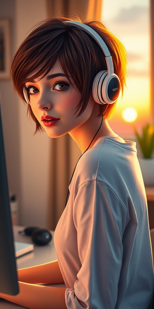 A young woman with short brown hair wearing headphones, sitting at a desk with a computer in a cozy room, natural light streaming in from a window with a sunset view, f/2.8, 50mm lens, ISO 200, soft focus background, digital art style.