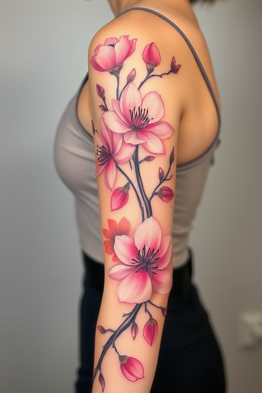 Elegant floral sleeve tattoo with delicate cherry blossoms and peonies in soft pastel hues of pink lavender and peach accented by flowing brushstrokes and subtle shading techniques