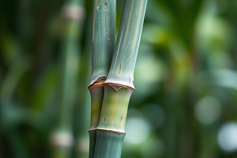 Create a high-resolution image of two bamboo stalks with a focus on the texture and color details, captured with a Canon EOS R5, 50mm lens, f/2.8 aperture, ISO 100, natural light, and a soft bokeh background for enhanced depth.