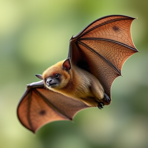 high-quality illustration of a flying bat, detailed textures, 50mm lens, f/5.6 aperture, ISO 400, natural lighting, side view, DSLR camera, focus on wings and facial features