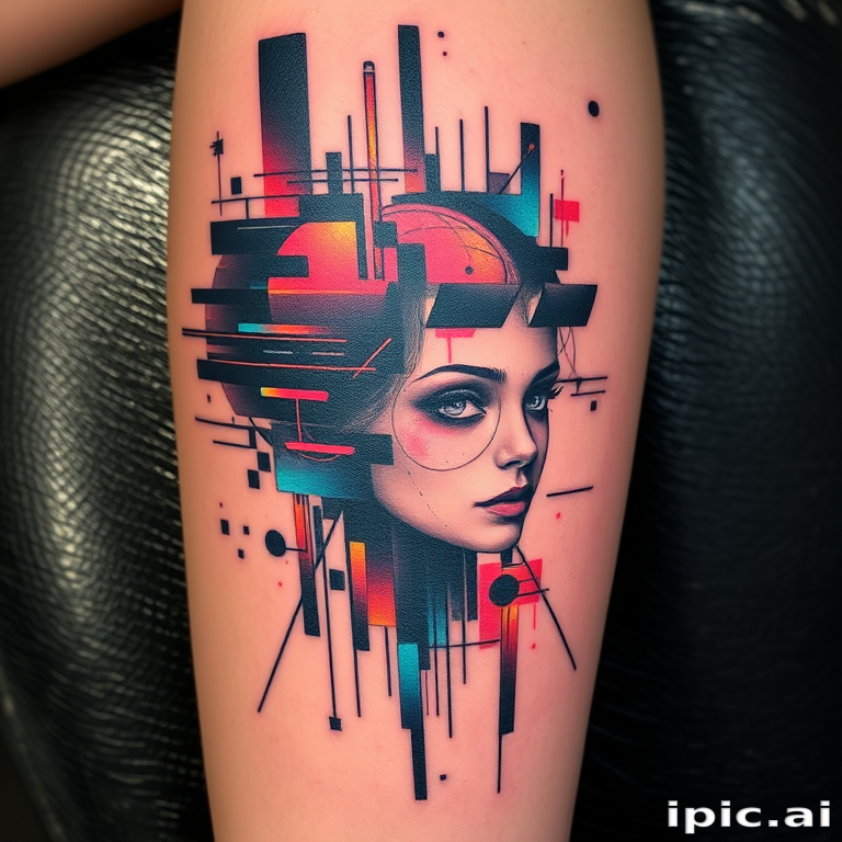 Glitch art tattoo incorporating digital distortion effects and pixelated elements, fragmented imagery and color shifts, modern technological aesthetic with a surreal twist