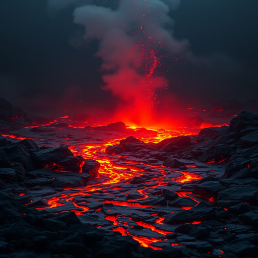 Create a highly detailed digital illustration of a volcanic eruption with flowing lava, showcasing rich red and orange hues, set against a dark background, captured with a DSLR camera at ISO 100, f/8 aperture, 24mm focal length, and a shallow depth of field for enhanced focus on the lava flow while maintaining a dramatic atmosphere.