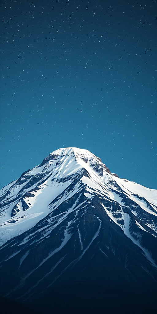 Capture a majestic snow-capped mountain peak under a starry night sky using a full-frame DSLR camera, with an aperture of f/2.8, a shutter speed of 20 seconds, ISO 1600, a wide-angle lens at 14mm, and in landscape orientation for enhanced detail and clarity.