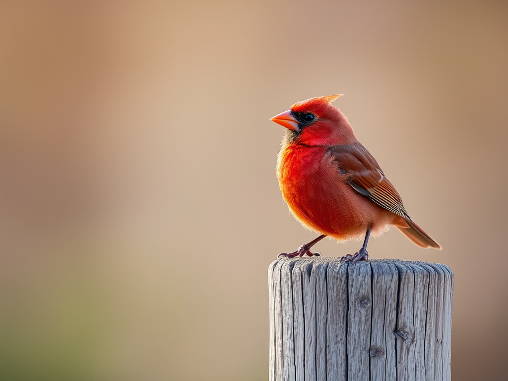 Capture a vibrant red bird perched on a weathered wooden post with a blurred, soft-focus background, using a DSLR camera with a 50mm lens at f/1.8, shutter speed of 1/500s, ISO 200, golden hour lighting for enhanced warmth and contrast.