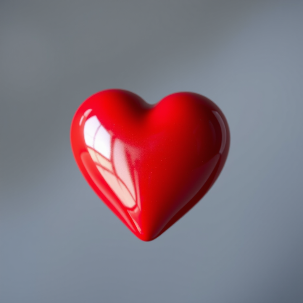 Create a high-resolution image of a glossy red heart with a soft gradient, using a 50mm lens at f/1.8, ISO 100, and natural lighting, captured from a slightly elevated angle with a shallow depth of field on a DSLR camera.