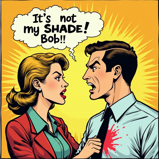 A pop art piece of a very angry wife discovering a lipstick stain on a man's dress shirt. Make the print on his collar. Put a word balloon above the wife's head that says 'It's not my SHADE Bob!!!'