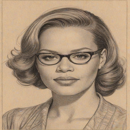 Beauteous Faith Evans, pencil sketch, portrait of Ravishing woman 1938s in glasses, hair style beatnik, outline, clear lines, fine lines, 8k