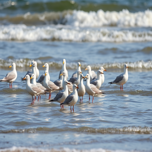 A flock of seagulls standing in shallow water with gentle waves rolling in, captured with a Canon EOS 5D Mark IV, 85mm lens, f/2.8 aperture, ISO 200, shallow depth of field, natural light, low angle view for enhanced foreground detail.