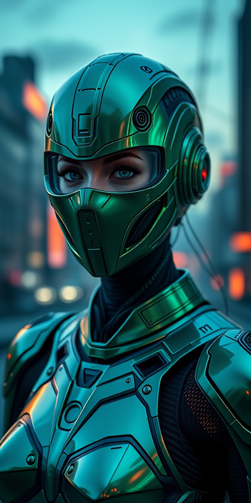 Create a hyper-realistic image of a futuristic female cyborg with a sleek green metallic mask and armor, set against a neon-lit cityscape at dusk, using a Canon EOS R5 with a 50mm lens at f/1.8, ISO 200, and a shallow depth of field to focus on the cyborg's face while softly blurring the background.