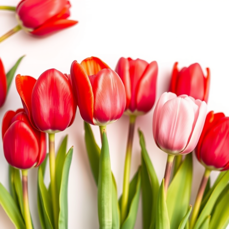 Create a vibrant floral pattern featuring red and pink tulips against a white background, captured with a DSLR camera at f/2.8 aperture, ISO 100, with a shallow depth of field to enhance color contrast and detail, using a macro lens to focus closely on the flower petals for a sharp and vivid quality.