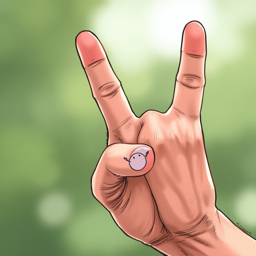 Create a detailed illustration of a hand making the rock-on gesture, using a high-resolution digital camera with settings of ISO 100, aperture f/2.8, and shutter speed 1/250s, taken from a close-up perspective with a soft focus background to enhance the hand's details and texture.