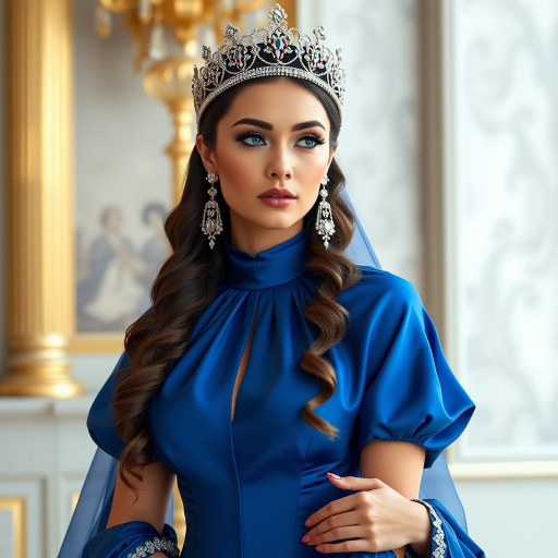 A gorgeous Kyrgyz woman in a luxurious blue gown, accessorized with a dazzling tiara and statement earrings, her deep blue eyes highlighted by impeccable makeup, poised in a royal setting, photorealistic, 8K quality