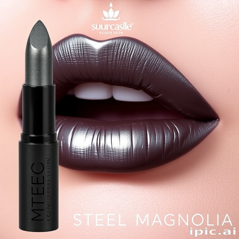 Metallic gunmetal gray lipstick named "Steel Magnolia" with a long-wearing formula and a cool undertone for an edgy, modern look