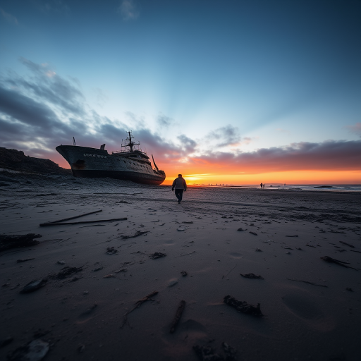 A desolate beach scene at sunset with a person walking toward a shipwreck and ruins, captured with a Canon EOS 5D Mark IV, 24mm lens, aperture f/8, ISO 100, low angle view, HDR style for enhanced detail and color saturation.