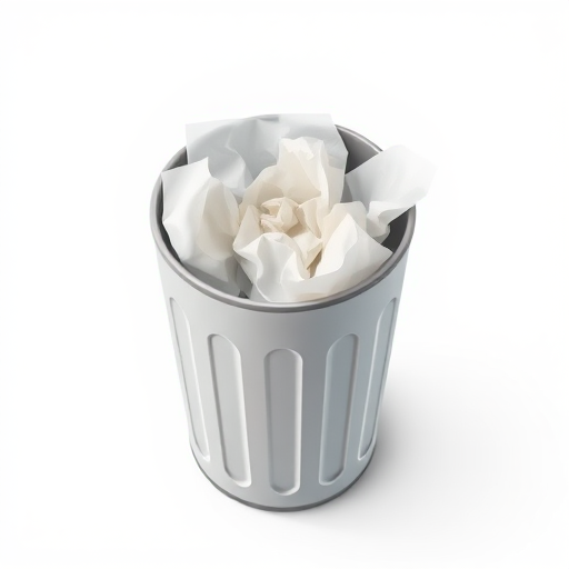 Create a high-resolution digital illustration of a trash can with crumpled paper inside, using a clean and simple design, top-down view, 35mm focal length, aperture f/8, soft natural lighting, and vector graphics style.