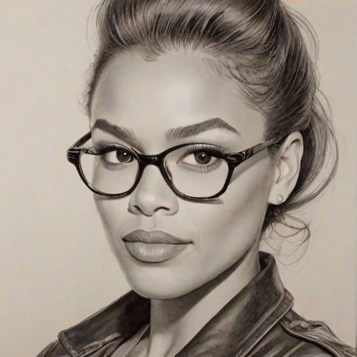 Beauteous Toni Trucks, pencil sketch, portrait of Resplendent woman 1948s in glasses, hair style beatnik, outline, clear lines, fine lines, 8k