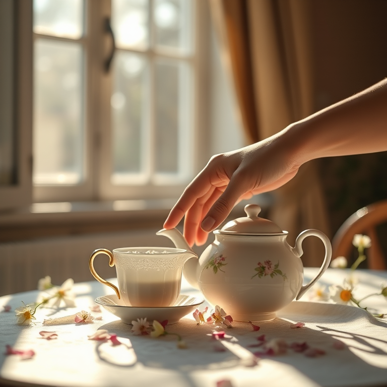 Regenerate an image of a hand reaching toward a tea set with soft sunlight streaming through window panes, including delicate flowers and petals scattered on the table, captured with a Canon EOS R5 camera, 50mm lens, f/1.8 aperture, ISO 200, natural light with a shallow depth of field for a dreamy background effect.
