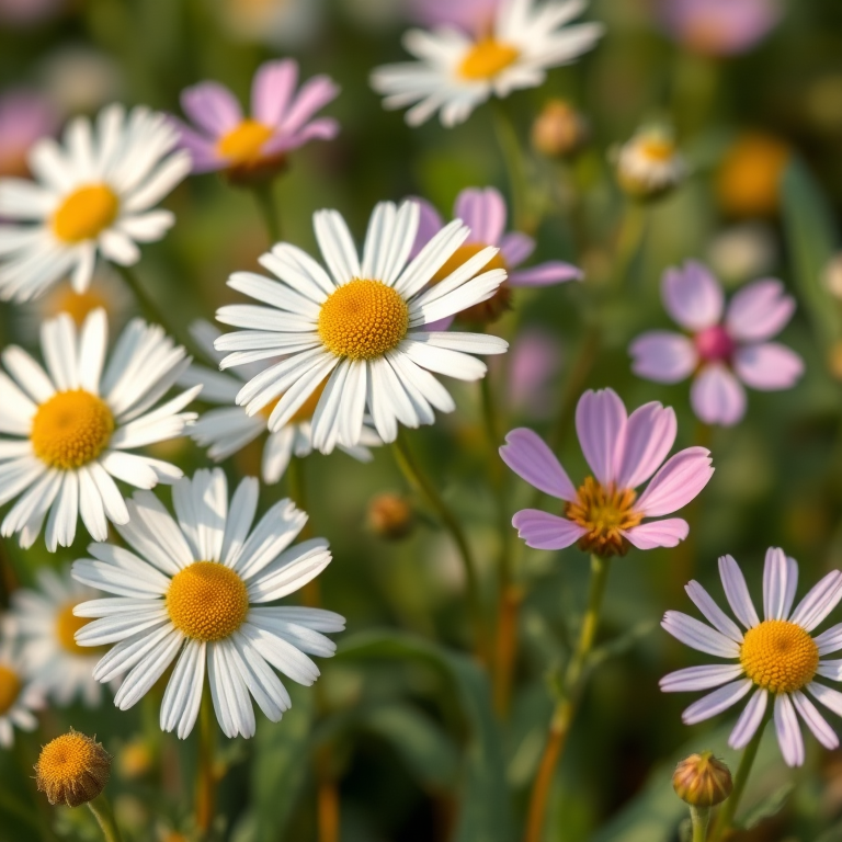 Create a detailed illustration of wildflowers including white daisies and pink clover, using a macro lens effect, f/2.8 aperture, 50mm focal length, soft focus background for depth, and vibrant colors to enhance the natural beauty of the flowers.