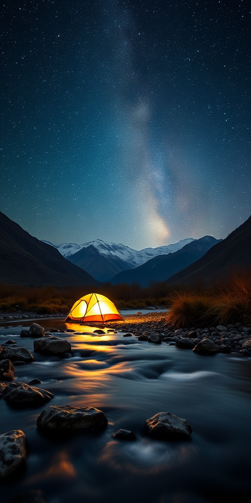 Capture a serene night camping scene with a glowing tent by a tranquil stream, surrounded by mountains under a starry sky, using a DSLR camera with a 24mm lens, f/2.8 aperture, ISO 1600, and a long exposure of 15 seconds for smooth water flow and vibrant starry background details.