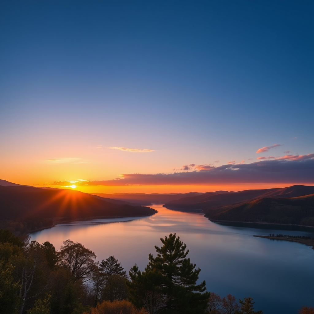 Generate an image of a serene landscape at sunset, featuring rolling hills, a calm lake reflecting the sky, and trees in the foreground, shot with a Canon EOS R5, 24mm lens, f/8 aperture, 1/200s shutter speed, ISO 100, in landscape orientation for vibrant colors and sharp details.