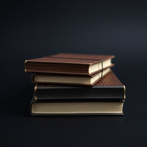 Create an ultra-realistic image of two stacked notebooks with dark wooden covers on a black background, shot using a Canon EOS R5 with a 50mm f/1.2 lens at f/2.8, ISO 100, in soft natural light from the left, ensuring a clean depth of field and sharp focus on the texture of the wood.