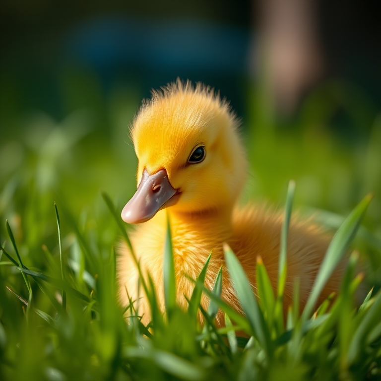 Close-up of a fluffy yellow duckling sitting in lush green grass, shallow depth of field, ISO 200, f/2.8 aperture, 50mm lens, natural sunlight, DSLR camera, macro photography style.