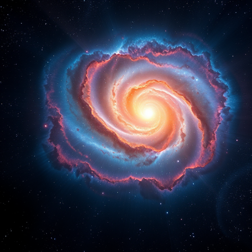 Regenerate a swirling galaxy with vibrant colors, cosmic dust, and light rays streaming outward, captured from a wide-angle view, using a DSLR camera at f/2.8, ISO 400, and a 24mm lens to enhance depth and clarity.