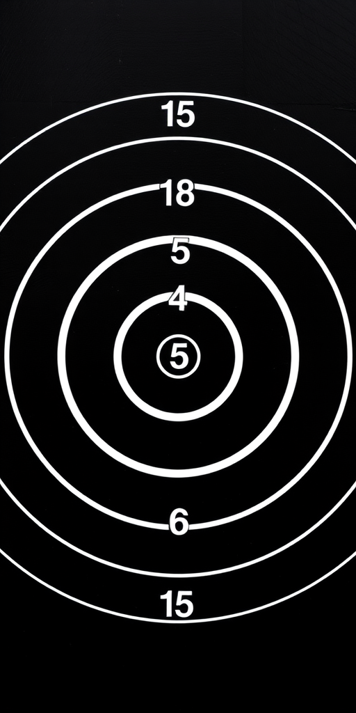 Create a high-resolution image of a black target with concentric white circles and evenly spaced numbers from 1 to 10, captured with a DSLR camera using a 50mm lens at f/8, ISO 100, shutter speed 1/60 sec, top-down view, photographic style.