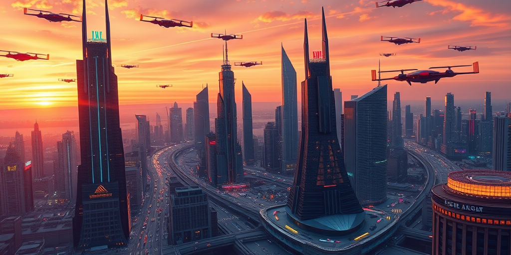 Create a highly detailed illustration of a futuristic city skyline at sunset, featuring towering skyscrapers with neon lights, bustling streets filled with flying vehicles, and a vibrant sky with orange and purple hues, using a DSLR camera with a 24mm lens, aperture set to f/8, ISO 200, and a shutter speed of 1/60 seconds, shot from a high vantage point with a wide-angle perspective.
