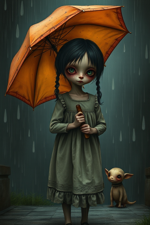 An eerie, weird little girl with dark hair in thin pigtails, wearing a smock dress, standing in the rain, holding a dirty orange umbrella, a small, odd creature beside her. In a surreal style inspired by Nicoletta Ceccoli and Brian Froud. Dark fantasy themes
