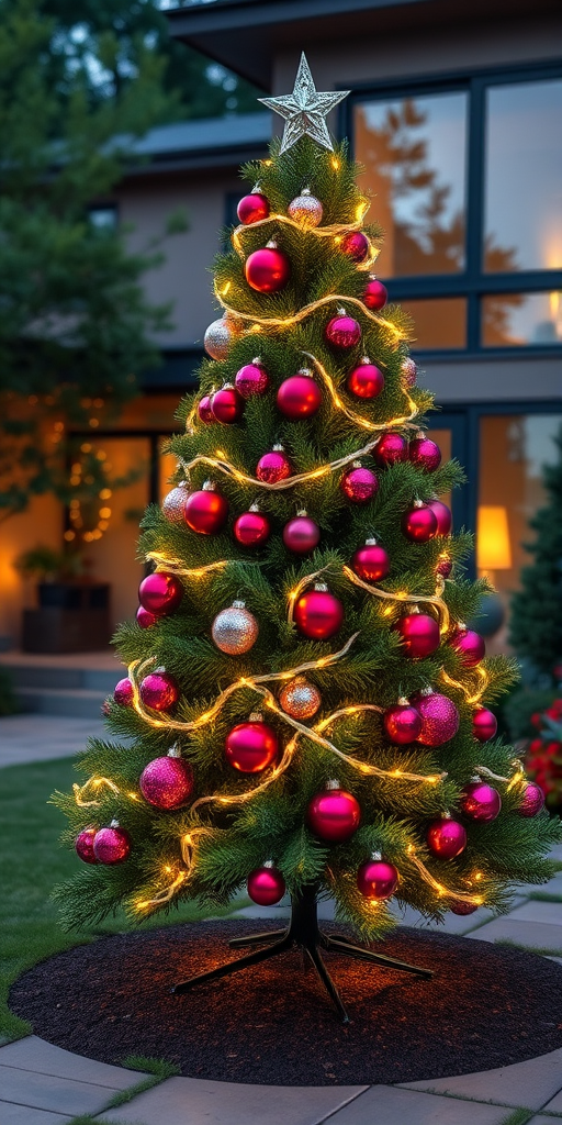Generate an image of a decorated Christmas tree in a residential outdoor setting. The tree should be lush and green, adorned with colorful ornaments in shades of red, pink, and purple. Include twinkling lights wrapped around the branches, and place the tree on a circular bed of soil. In the background, show a modern house with large windows and greenery. The scene should be captured during the evening, with a warm glow from the lights.