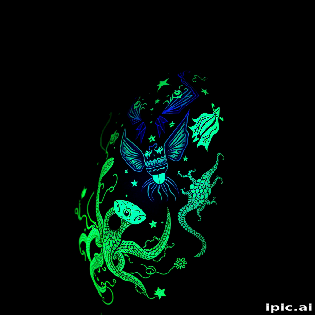 Glow-in-the-dark tattoo titled "Bioluminescent Symphony" incorporating UV-reactive ink to create a hidden layer of glowing patterns and creatures visible only under blacklight