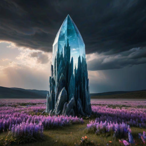 Landscape Photography A massive, shining crysta |glass tower in an ethereal alien landscapesurrounded by glowing flower crystals and asapphire s ky with dark clouds looming