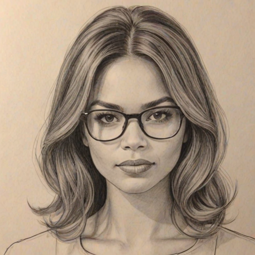 Superb Jennifer Freeman, pencil sketch, portrait of Fascinating woman 1965s in glasses, hair style beatnik, outline, clear lines, fine lines, 8k