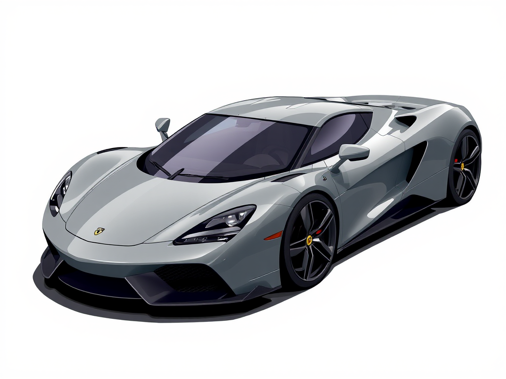 Regenerate an illustration of a sleek gray sports car with a low profile and aerodynamic design, viewed from a slightly elevated angle, using a digital art style, with bright lighting for enhanced details and textures, simulating a high-resolution digital camera at 35mm focal length, aperture set to f/2.8, ISO 100.