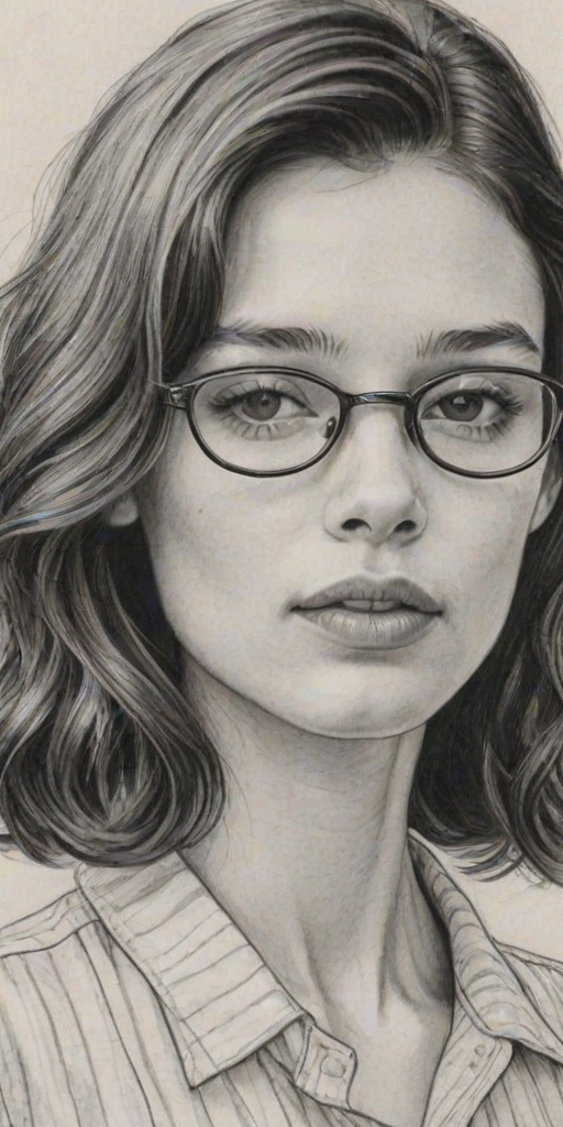 Delightful Astrid Berges-Frisbey, pencil sketch, portrait of Dazzling woman 1957s in glasses, hair style beatnik, outline, clear lines, fine lines, 8k