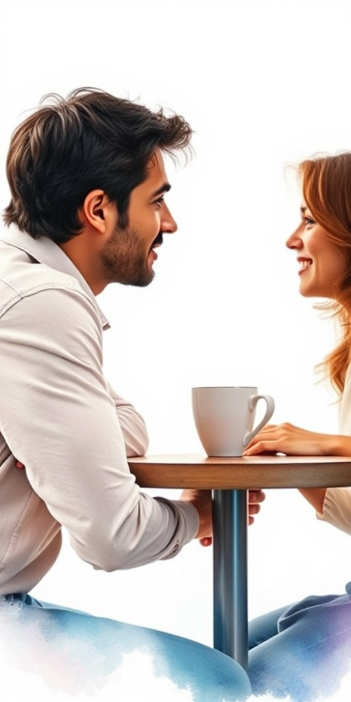 Regenerate an image of a man and woman sitting across from each other at a table with a cup on it, watercolor style, soft background, shot with a Canon EOS R5, 50mm lens, aperture f/1.8, ISO 100, natural light, shallow depth of field.