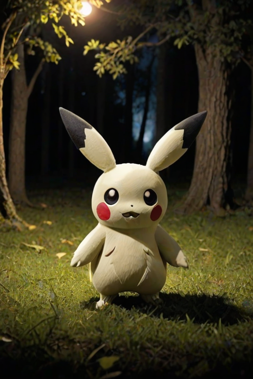 no humans, solo, pokemon (creature), no humans, animal focus, mimikyu, full body, standing, outdoors, grass, black eyes, tree, nature, forest, night