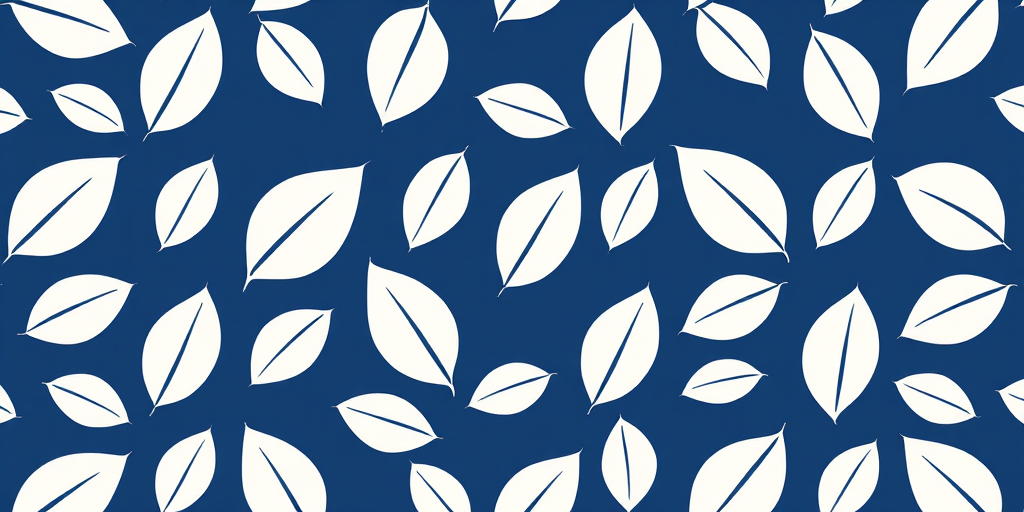 Create a seamless pattern of white abstract leaf shapes on a deep blue background, shot with a Canon EOS R5, 50mm lens, aperture f/8, ISO 100, HDR imaging, focused view.